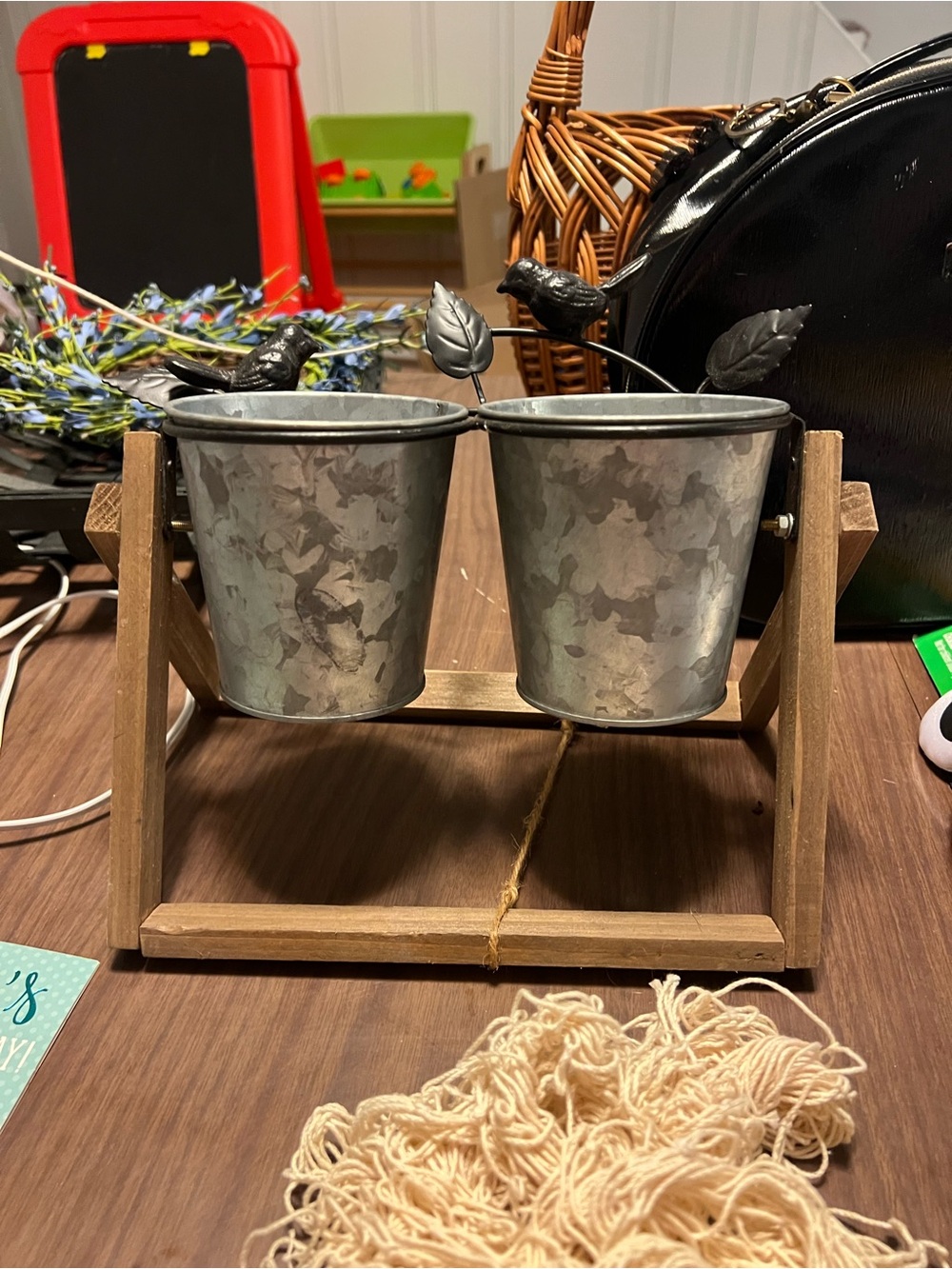 Galvanized Double Planter with Wooden Stand - Silver